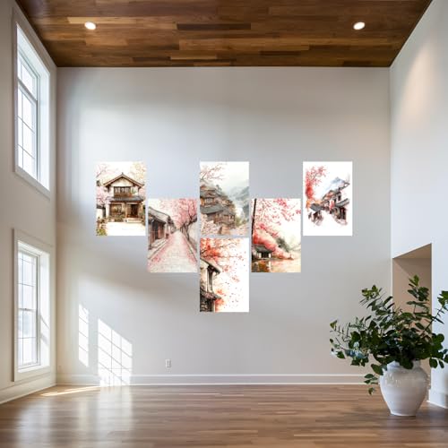 Image of SiddArtify Asian Wall Art Poster Print Set - Watercolor Landscape & Building Decor for Living Room Bedroom Office - 12x18 inch Sticker Pack of 6