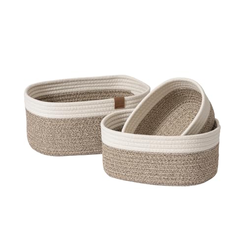 LA JOLIE MUSE - Paniers de rangement en corde tressée, petits paniers en coton tressé pour salle de bain et chambre d'enfant, ensemble de 3 paniers décoratifs, marron et blanc