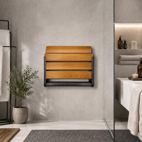 Koretech Folding Shower Seat Teak, Folding Shower Seat Wall Mounted, Foldable Shower Chair for Home Care, 450 lbs Capacity (Black-Colored Stainless Steel, 13'' D x 17'' W x 10'' H) by koretech - Image 6