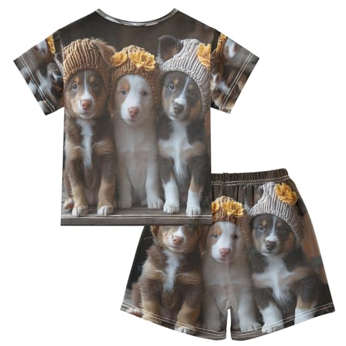 ALAZA Puppy Dog with Flower 3d Pajamas Set Short Sleeve Cotton Sleepwear Summer Pjs 2 Piece 5-14Y2