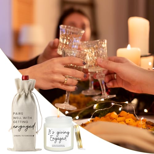 Image of Engaged Gifts Engagement Gifts for Couples Her Engagement Party Decorations | Bridal Shower Decorations Wine Gift Bag Scented Candles Set Cheers To Forever Wine Bag It's Giving Engaged