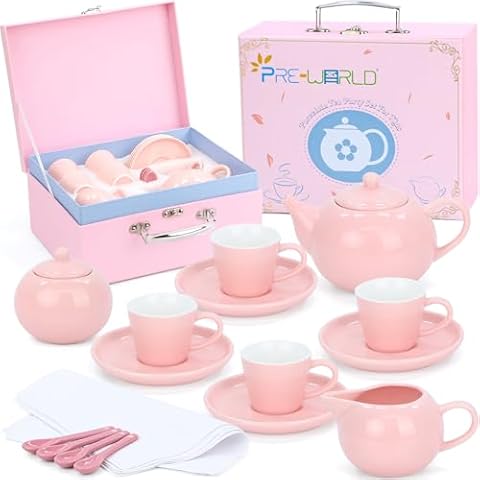 Porcelain Tea Party Set for Girls, PRE-WORLD Princess Tea Time Toy Including Teapot,Saucers,Teacups,Sugar Bowl,Creamer Pitcher,Spoons & Tablecloth, Kids Kitchen Pretend Play Toys Gift for Girls Pink Cover
