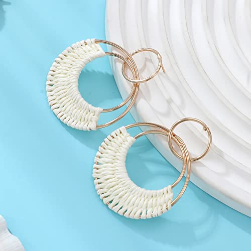 Rattan Earrings Boho Raffia Hoop Dangle Zinc Earrings For Women Girls Bohemian Raffia Braid Straw Wicker Round Drop Earrings Summer Beach Party Statement Earrings Jewelry,White #TOP5