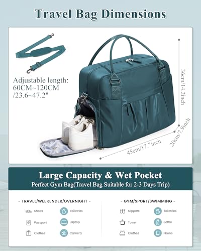 Image of Weekender Travel Bag for Women & Men - Personal Item with Shoes Compartment, Carry-On for Airplanes, Overnight & Gym Bag - Peacock Blue