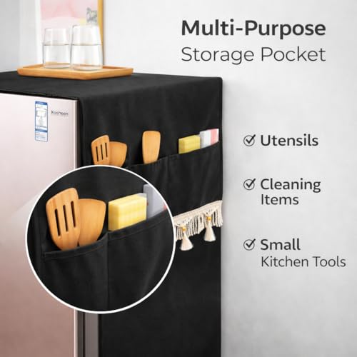 Image of Fridge Cover Top with Tassel Lace for Double Door Refrigerator - Washable, Water-Resistant Polyester Refrigerator Cover Top with 6 Side Pockets for Kitchen Accessories, Dustproof (Black)