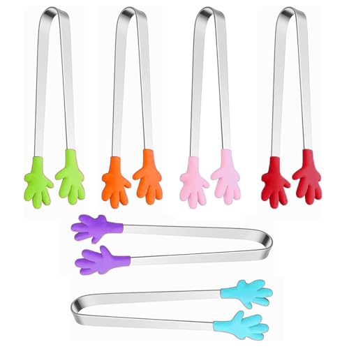 6pcs Sugar Ice Tongs, 6 Colors Multifunctional Mini Food Clip with Skid-Proof Hand Shape Silicone Stainless Steel Tongs