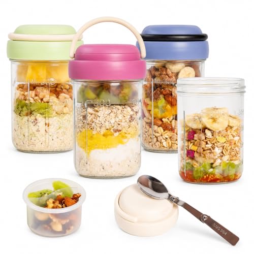 WifePro 4 Pack Overnight Oats Jars with Lids and Spoons, 16 oz Glass Breakfast Containers with Handles & Topping Cups, Yogurt Parfait Cups for Weekly Meal Prep, Chia Pudding, Fruit and Snacks