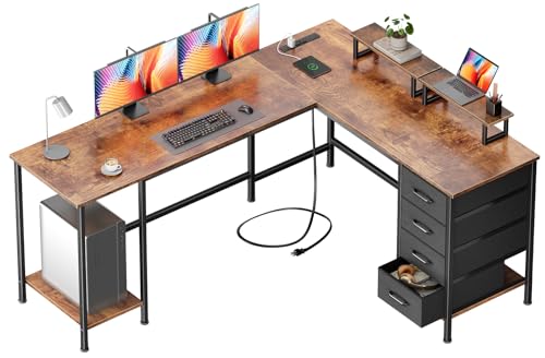 Korfile 66" L Shaped Computer Desk with Power Outlets, Home Office Desk with 4 Adjustable Storage Drawers & 2 Monitor Stands, Large Two Person Gaming Table for Writing Study, Rustic Brown