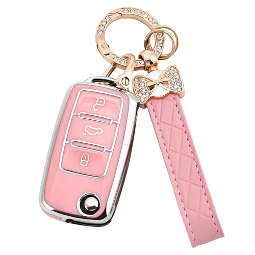 TECARATE for VW Key Fob Cover - Soft TPU Key Fob Case Compatible for VW Jetta Atlas Golf Polo Passat MK8 Tiguan Beetle Gti Smart Remote Key (3 Button)