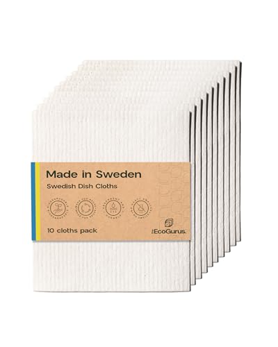 The EcoGurus Original Swedish Dishcloth – Made in Sweden, 10 Cloths, Reusable & Biodegradable Cellulose Sponge for Kitchen, Suitable for All Surfaces, Odour Resistant Eco Cleaning – White