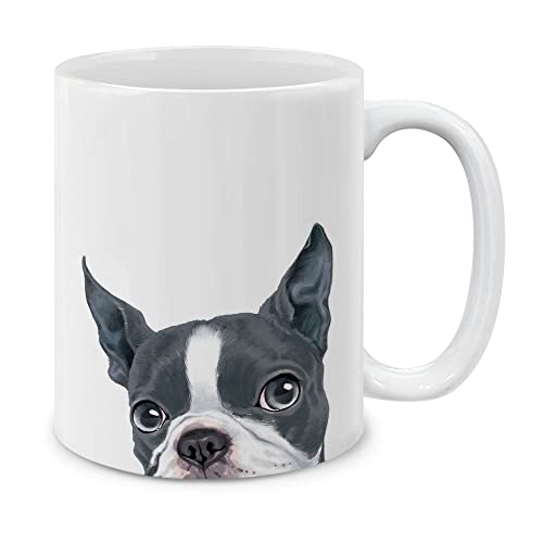 MUGBREW Boston Terrier Blue and White Dog Ceramic Coffee Mug Tea Cup, 11 OZ