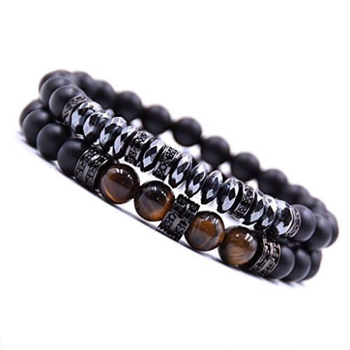 Joan Nunu 2PCS Black Beads Bracelet Set for Men Women Healing Energy Bracelets