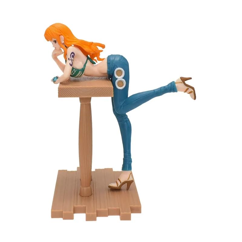 Image of One Piece Nami Grandline Journey Style Action Figure | 17cm Nami Figure Leaning Pose in Green Bikini & Tight Blue Jeans with Wooden Base Figure for Table & Desk Decor, Gift For Anime Fans