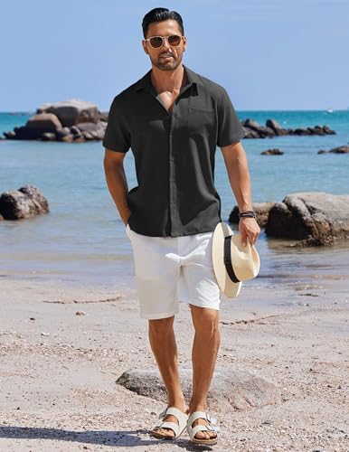 Image of COOFANDY Men's Button Down Shirts Short Sleeve Casual Shirts Summer Beach Linen Shirts with Pocket