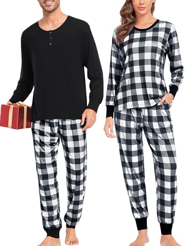 SWOMOG Matching Couple Pajamas Christmas Pjs Long Sleeve Holiday Sleepwear Lightweight Soft Loungewear for Men and Women