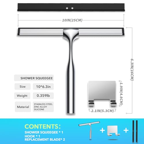 Image of All-Purpose Shower Squeegee with Adhesive Hook for Cleaning Bathroom Glass Doors Car Window Mirrors and Tile Wall, Stainless Steel Handheld Glass Water Wiper Cleaner Removal Scraper Tool (Sliver, 10 inch)