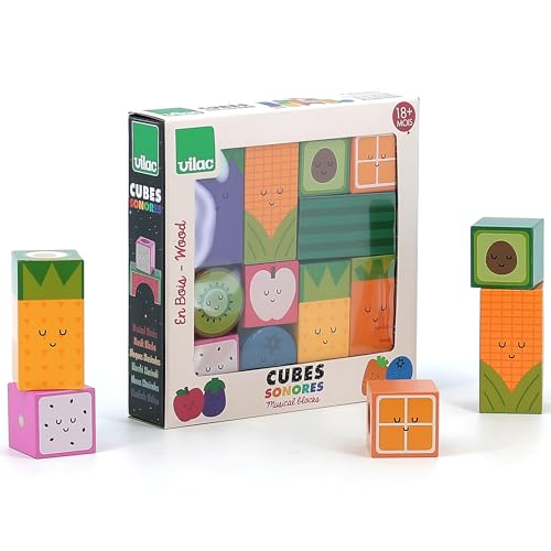 Vilac - Cubes Sonores Fruits - Andy Westface - Jouet d'Eveil Original en Bois - Découverte des Sons - Méthode Montessori - pour Enfants à Partir de 18 Mois