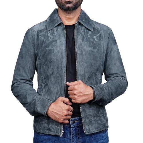 Image of Mens Polo Collar Zipper Suede Shirts Long Sleeve Shacket Suede Trucker Jacket Real Suede Leather Shirt
