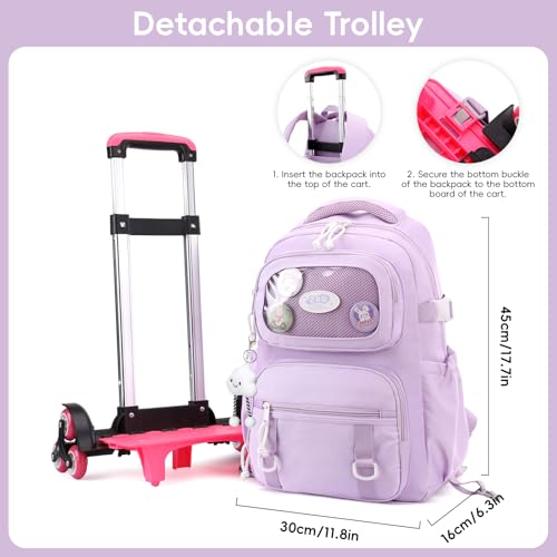 Tanou Rucksack mit Rollen für Mädchen Abnehmbar Schulranzen Trolley Wasserdichter Nylon Mädchen Schulrucksack für Kinder und Teenager mit 6 Räder, Lila