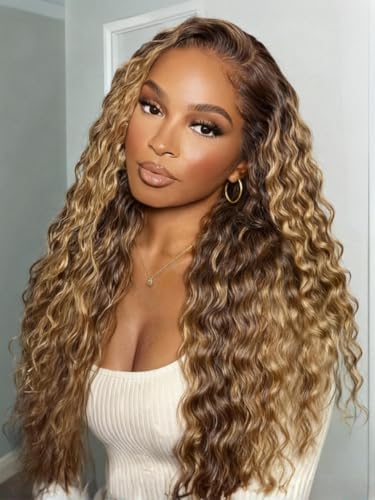 Beauty Forever Golden Brown Balayage Water Wave Wig 13x4 Lace Frontal Human Hair Wig,Pre Everything Honey Blonde Highlight Wet & Wavy Glueless Lace Front Wig No Slip Drawstring 150% Density 20inch