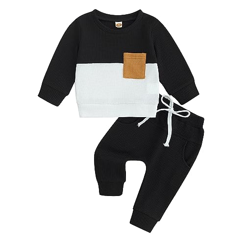 Baby Boy Clothes Fall Winter Outfits Waffle Knit Contrast Color Sweatshirt Top Casual Pants Set Toddler 2Pcs Outfit