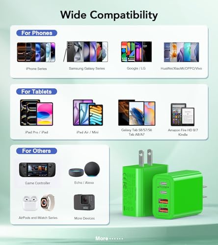Image of 2 Pack USB C Charger, 40W Fast Charge Cube, 4-Port QC+PD Wall Plug,Multi-Port Type C Power Adapter for iPhone 17 16 15 14 13 12 Pro Max XS XR 8,Galaxy S24,Nexus,HTC,Google Pixel,and More(Green)