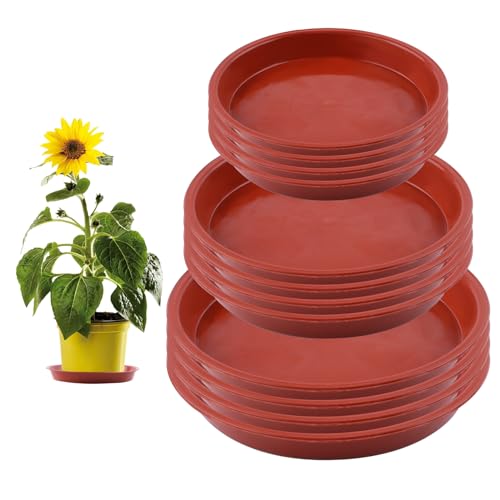 Deepton 12 Pcs Plant Pot Saucers, 5.5/6.3/7.1 Inch Round Plant Saucer, Red Plastic Plant Pot Trays, Plant Trays for Pots, Flower Pot Drip Dishes for Indoor Outdoor Garden Household Potted Plants