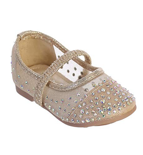 Rose Gold Infant Toddler Girls Mesh Flats With Elastic Strap/Rhinestone And Bow Flower Girls Shoes #135 Rose Gold Size 3 #TOP13