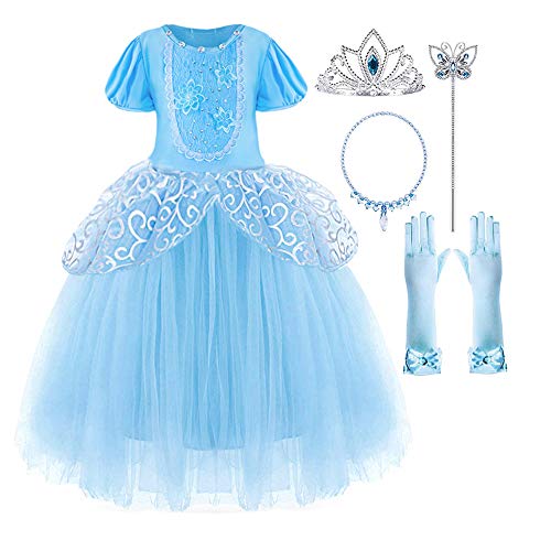 Suyye Girls Princess Costume Princess Party Dress Up (Blue with Accessories,6 Years)