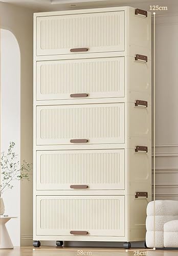 Image of House of Quirk 5-Tier Storage Cabinet with Wheels - Durable Plastic Foldable Wardrobe Organizer with Multiple Compartments, Perfect for Bags, Clothes, and Living Room Storage (Cream)