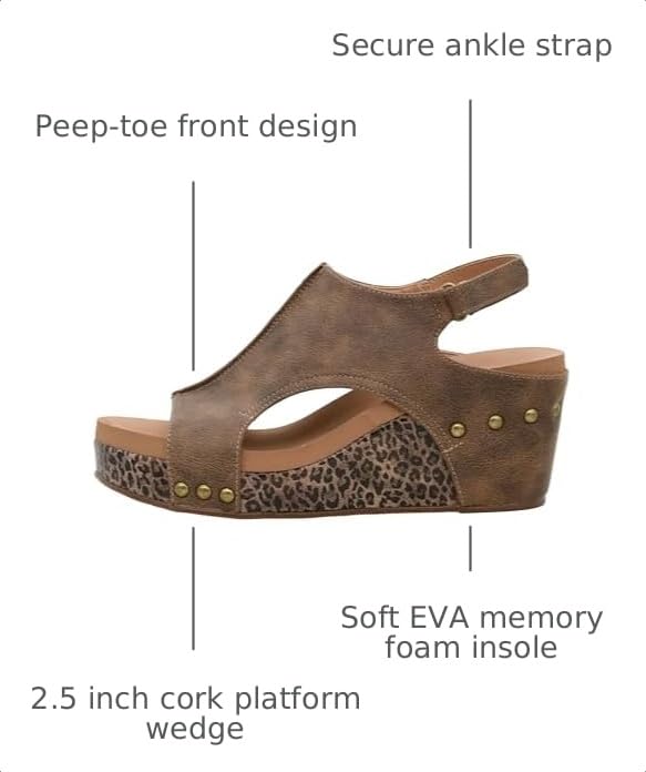 Image of Corkys Footwear Womens Carley Wedges, Featuring Corkys EVA Foam Cushioned Insoles, A 2.5 Inch Heel, Lightweight For All Day Wear, And Hook And Loop Closure