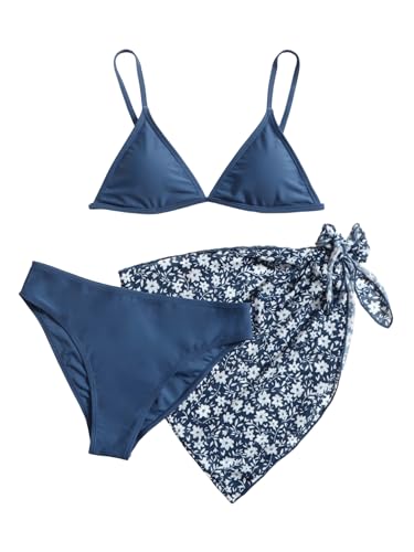 SHENHE Girl's 3 Piece Swimsuits Cute Spaghetti Strap Triangle Bikini with Ditsy Floral Cover Up Teen Bathing Suits Dark Blue 15 Years