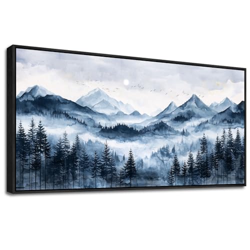 ERQINHUA Canvas Wall Art For Bedroom Large Wall Decor For Living Room Modern Office Mural Misty and Fog Forest Painting Mountain Landscape Picture Artworks Home Decor Black Framed Ready To Hang