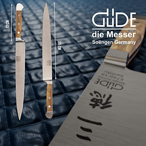 Foto von GÜDE Solingen - Schinkenmesser geschmiedet, 26 cm, Olivenholz, ALPHA OLIVE, Tranchiermesser, Doppelkropf, Handmade Germany