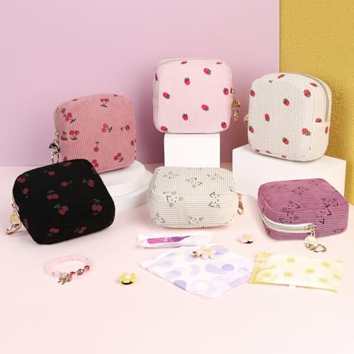 Image of Period Bag for Teen Girls, Corduroy Sanitary Napkin Pouch, S-Pink | Strawberry Menstrual Pad Pouches Tampon Holder for Purse, Cute Period Pouches for Sanitary Napkin, Menstrual Cup, Pad, Tampo