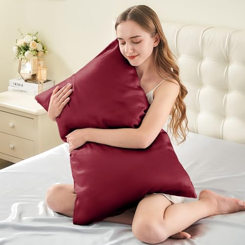 Image of INFIIXSO Silk Pillow Cases 2 Pack Standard Size, Ultra Smooth & Soft Mulberry Silk Pillow Case for Hair and Skin, Breathable Cooling Silk Pillowcase with Hidden Zipper (Burgundy, 20x26 Inches)
