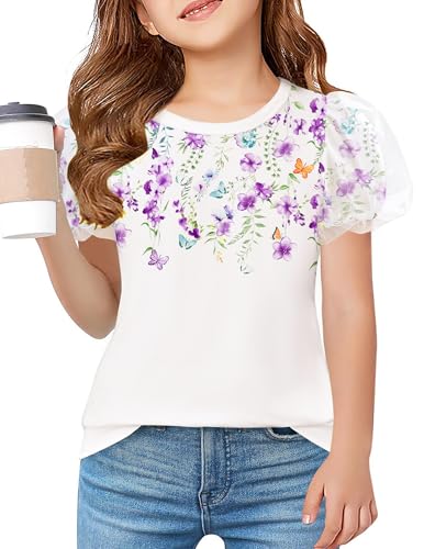 Image of Arshiner Girls Shirts Mesh Puff Short Sleeves Blouse Crewneck Cute Print Summer Kids Tee Tops