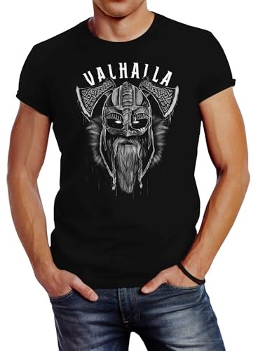 Neverless® T-Shirt Aufdruck Valhalla Wikinger Helm Viking Odin Krieger Printshirt Fashion Streetstyle Schwarz XL