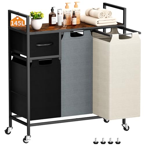 Laundry Hamper - Laundry sorter 3 Section 145L - Laundry Room Organization with 4 Pull-Out Drawers, Removable Oxford Bags, Lockable Wheels & Sturdy Shelf for Laundry Room, Bathroom, Bedroom