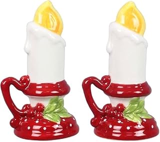 The Bridge Collection 5" Ceramic Candle Salt and Pepper Shaker Set - Festive Red Candle Holder with Holly and Berries, Holiday Tabletop Decor