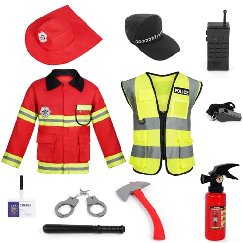 Alaoo Set Disfraz de Bombero para Niños,11 PCS Traje de Bombero Infantil con Policía Accesorios,Juego de Accesorios de Traje de Policía, para Juego de Roles para niños, Disfraces Halloween