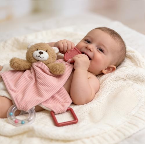 Image of CREVENT 3-in-1 Baby Lovey Blanket with Teether & Rattle | Plush Chewable Animal Head Security Blanket, Birthday Gift - Pink Bear