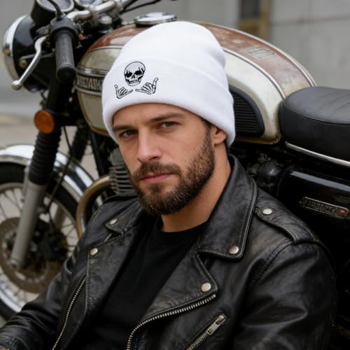Image of Embroidered Skeleton Beanie Hat Winter Stretch Knit Skull Cap for Men Women