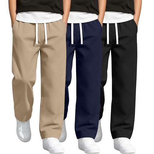 Oakgarden 3 Pack Boys' School Uniform Pants Cotton Straight Leg Trousers Casual Drawstring Pants with Pockets Size 6-16 Years(10-11 Years,Light Khaki, Navy Blue, Black)
