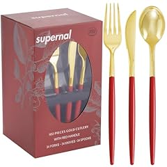 102PCS Gold Plastic Cutlery with Red Handle