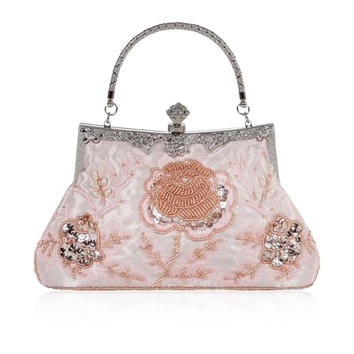 Bolso de noche vintage con cuentas de hojas florales y lentejuelas, elegante bolso de mano para mujeres, para novias, bailes, fiestas y formales, Pink, Talla única
