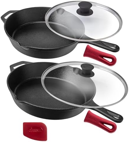 Cuisinel Cast Iron Skillet Set - 10" + 12" Frying Pan + Glass Lids + 2 Handle Cover Grips - Pre-Seasoned Oven Cookware - Indoor/Outdoor Use - Grill, Stovetop, Induction, Camping. PFAS and PFOA-free