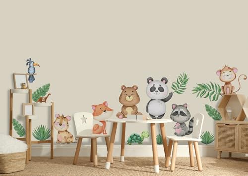 Image of Jungle Theme Wall Sticker for Kids Room Decor - Fun Animal Growth Chart with Giraffe, Elephant, Tiger, Panda, and More - Peel & Stick Removable Nursery Wall Decal (A, Small)