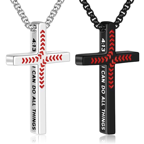 Yoosteel Baseball Cross Necklace for Men Boys - 2 Pcs Stainless Steel Bible Verse Cross Pendant Necklaces Black Silver Chain 18 inch Religious Gifts Christmas Stocking Stuffers for Boys 8-12