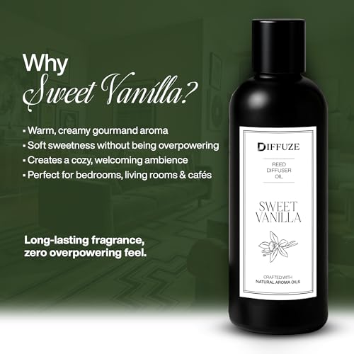 Image of DIFFUZE Sweet Vanilla Essential Oil Reed Diffuser Refill with 10 Fibre Reed Sticks | Warm Aroma Oil & Fragrance Oil | Diffuser Oil for Home Fragrance | Essential Oil Diffuser for Home